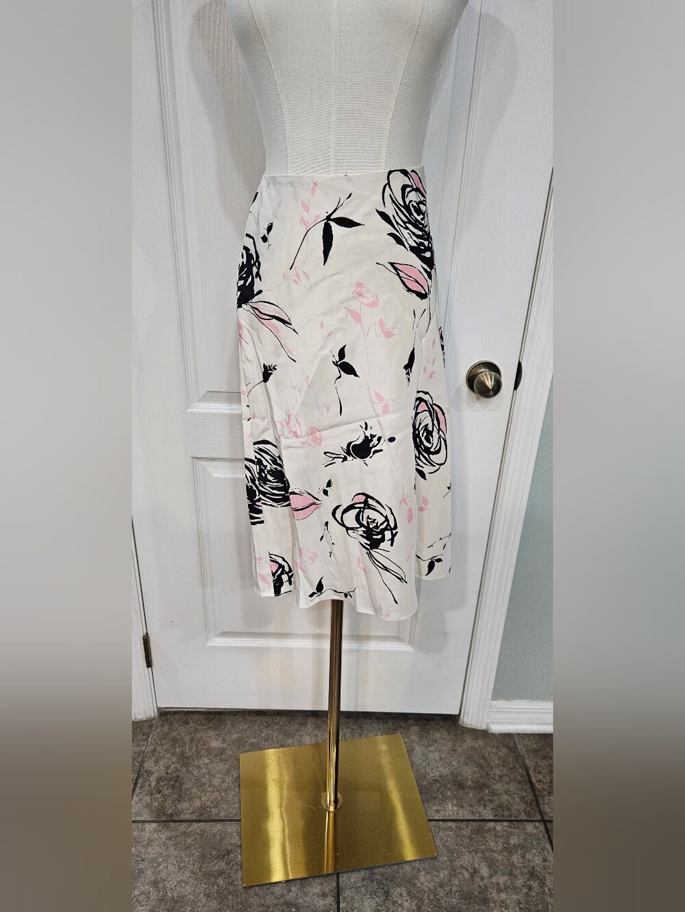 Grace Elements Cream A-Line Skirt with Pink & Black Floral Print